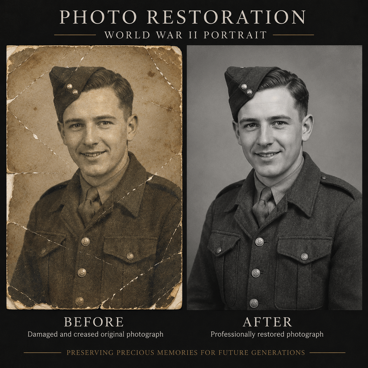 Side-by-side comparison showing a damaged vintage photograph professionally restored to reveal improved detail, color and clarity by Laycock Photography.